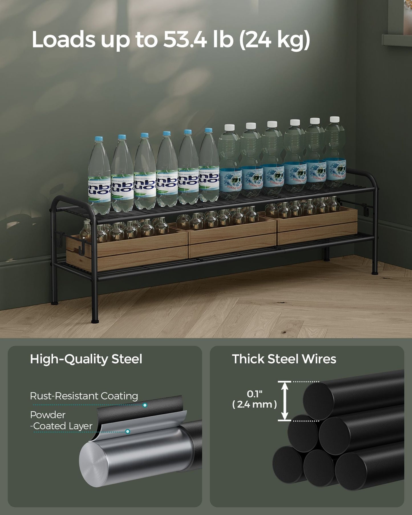 2-Tier Shoe Rack with 4 Side Hooks, Holds 12 Pairs of Shoes