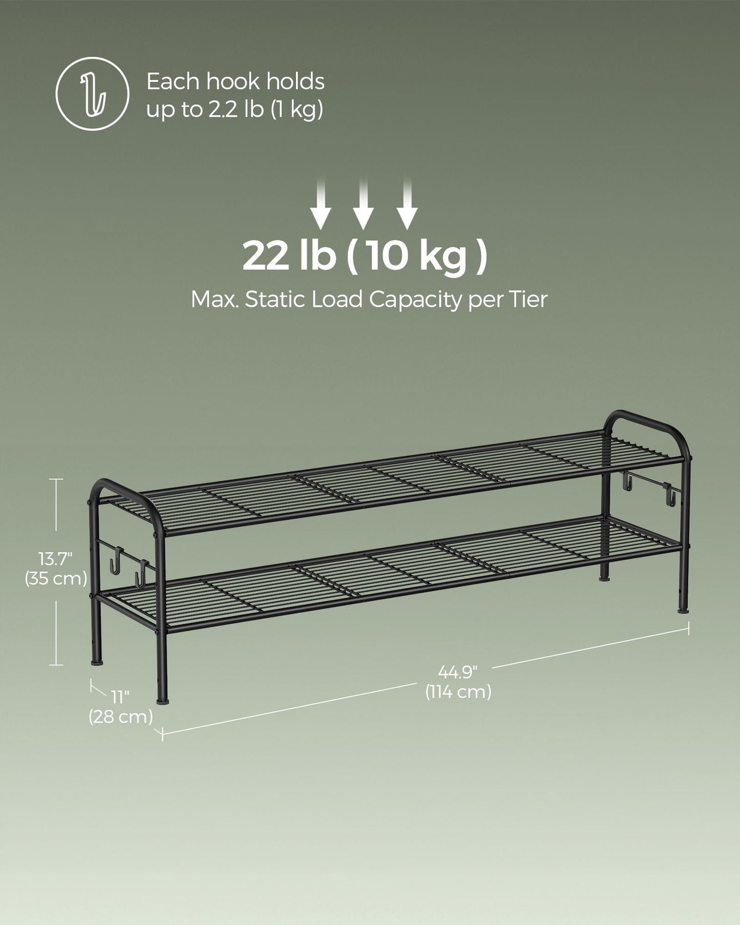 2-Tier Shoe Rack with 4 Side Hooks, Holds 12 Pairs of Shoes