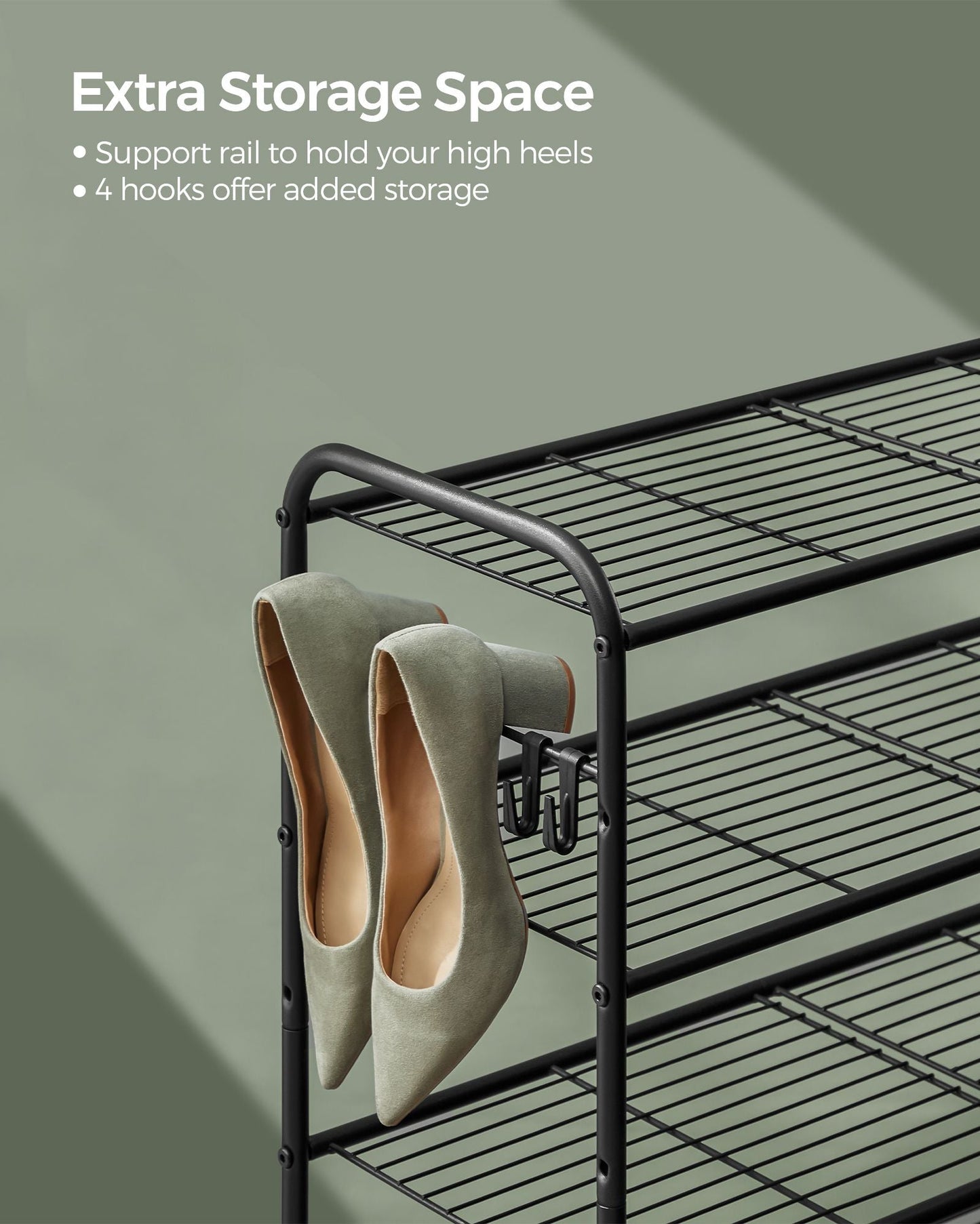 2-Tier Shoe Rack with 4 Side Hooks, Holds 12 Pairs of Shoes