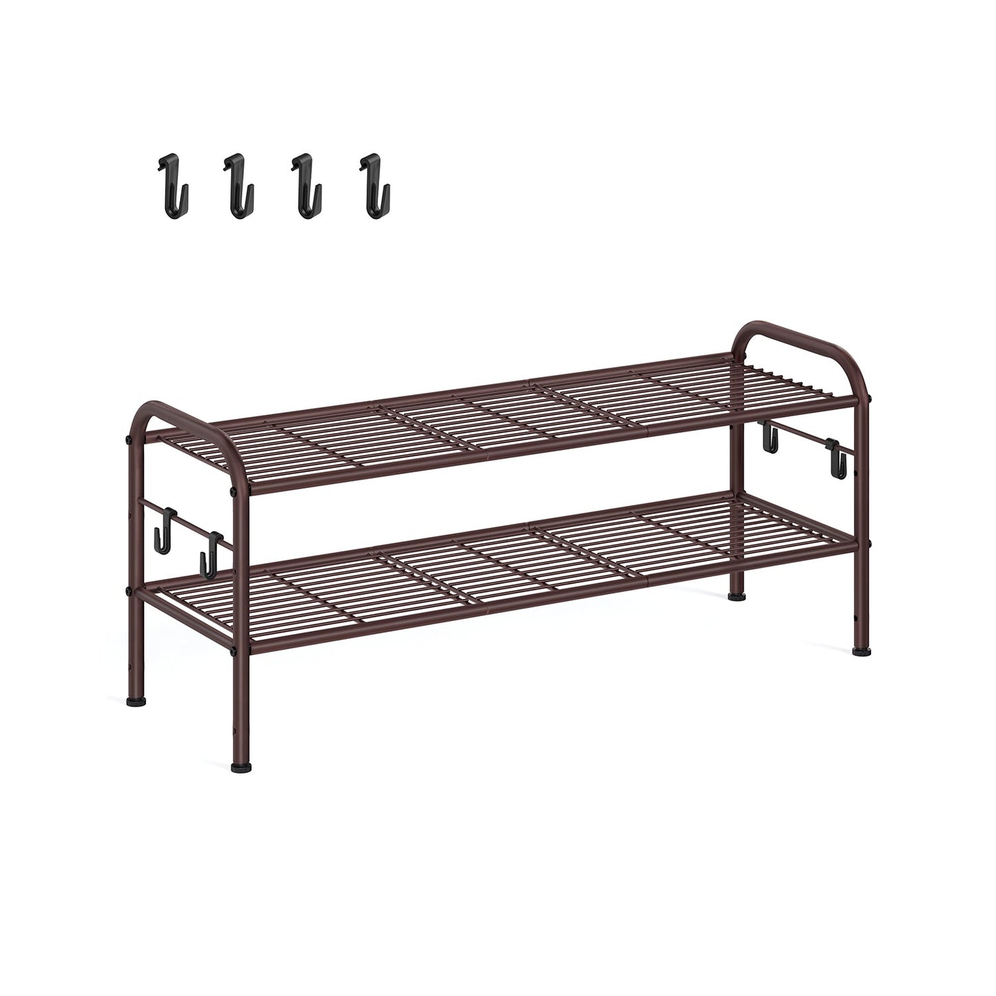 2-Tier Shoe Rack with 4 Side Hooks, Holds 10 Pairs of Shoes