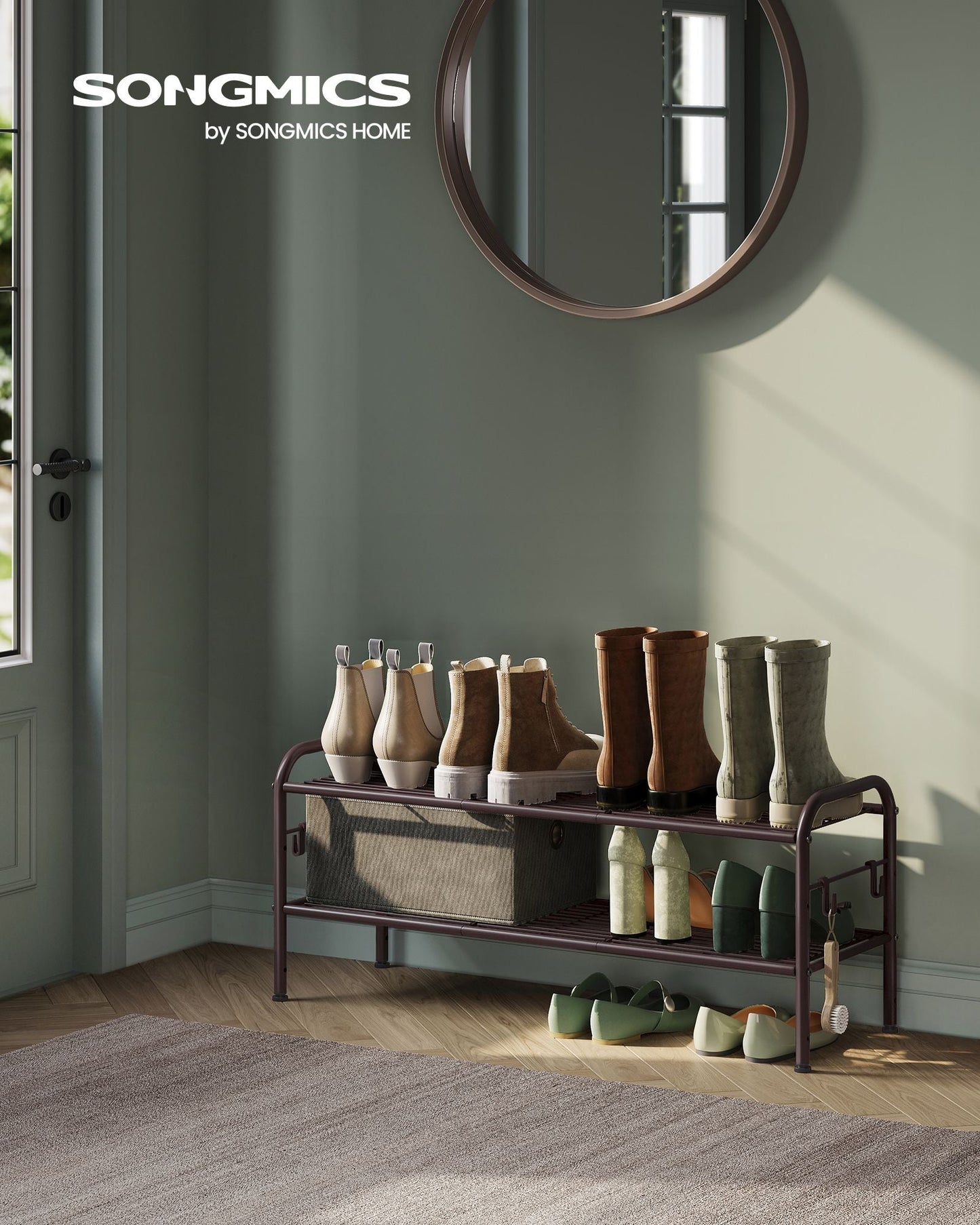 2-Tier Shoe Rack with 4 Side Hooks, Holds 10 Pairs of Shoes