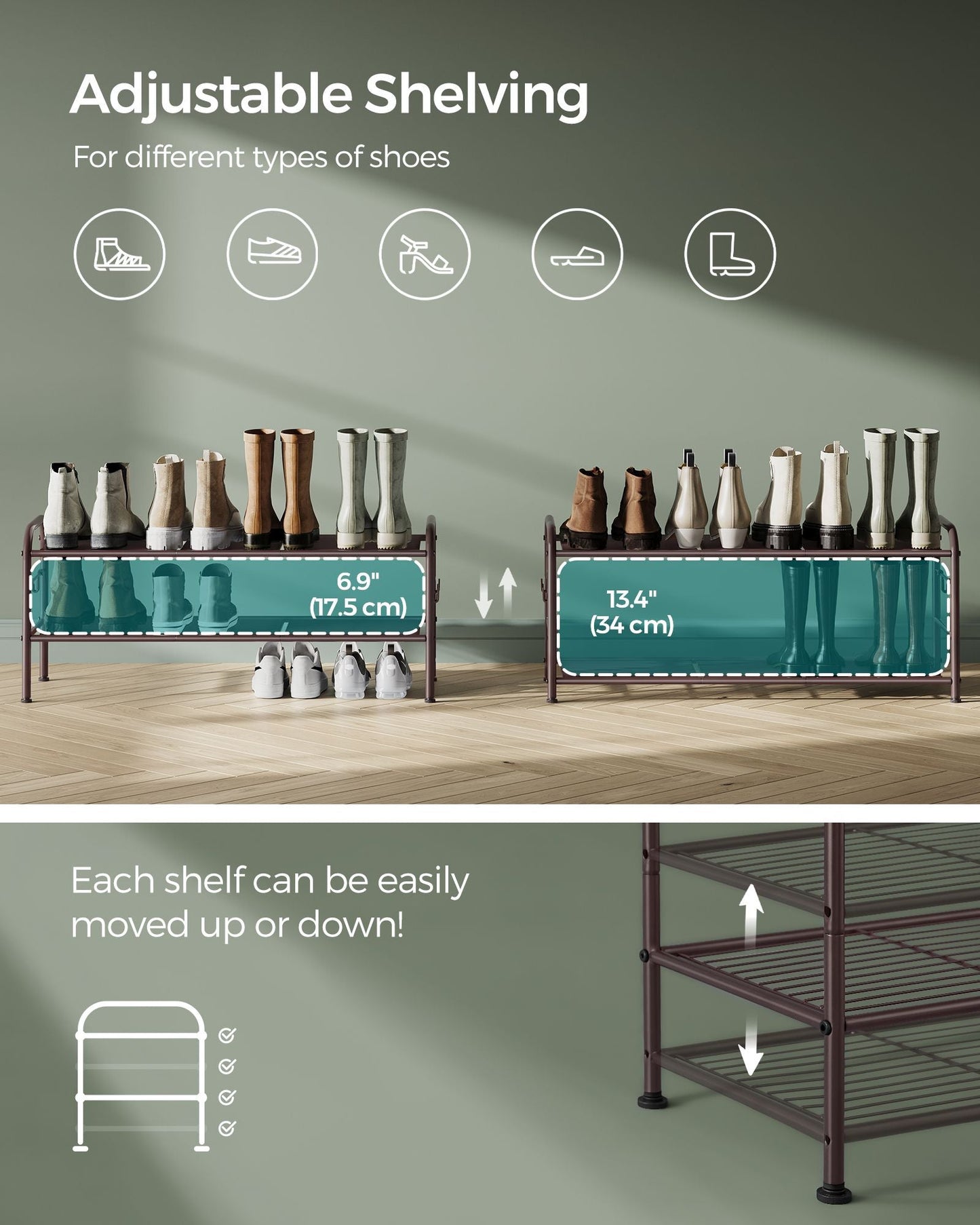 2-Tier Shoe Rack with 4 Side Hooks, Holds 10 Pairs of Shoes