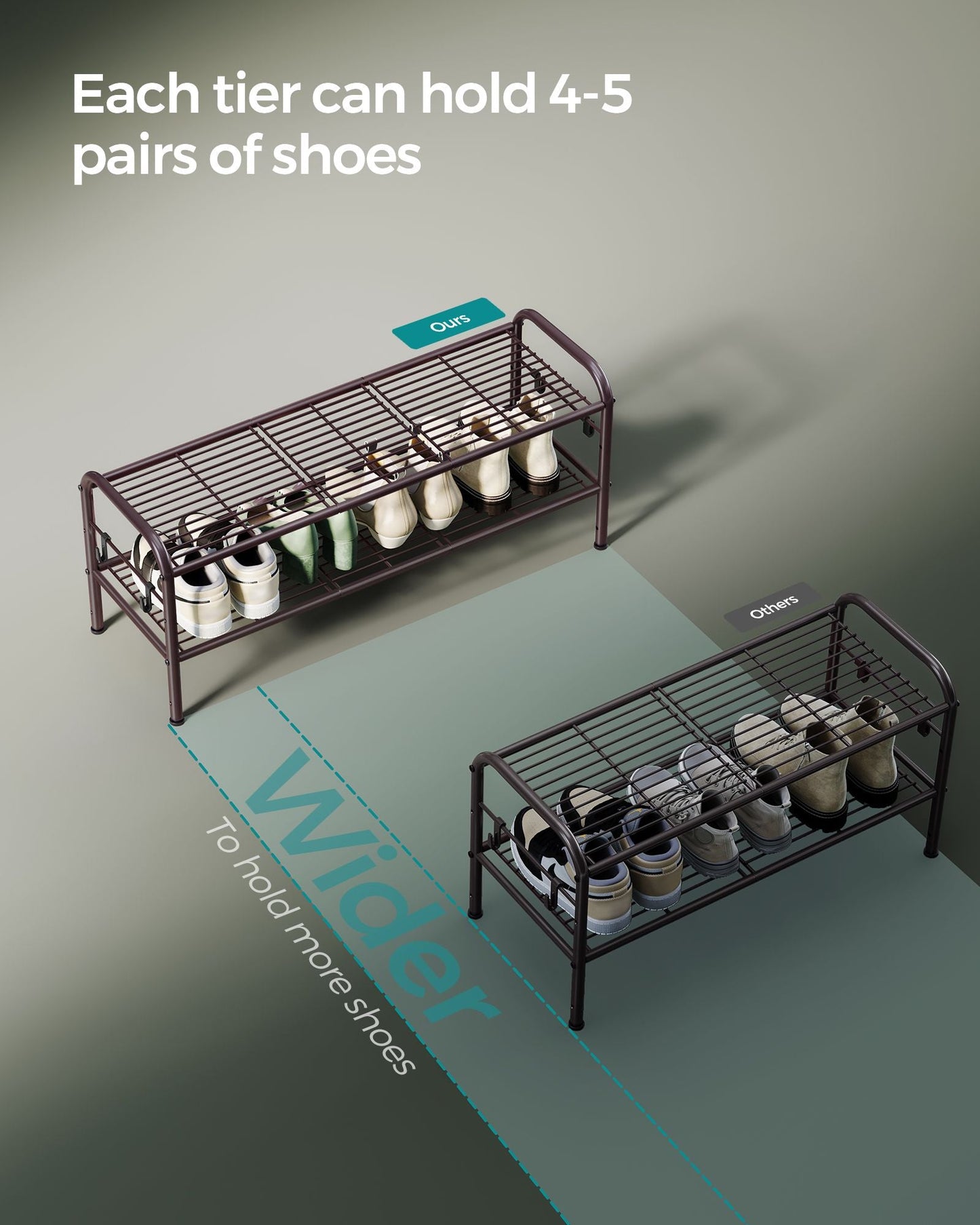 2-Tier Shoe Rack with 4 Side Hooks, Holds 10 Pairs of Shoes