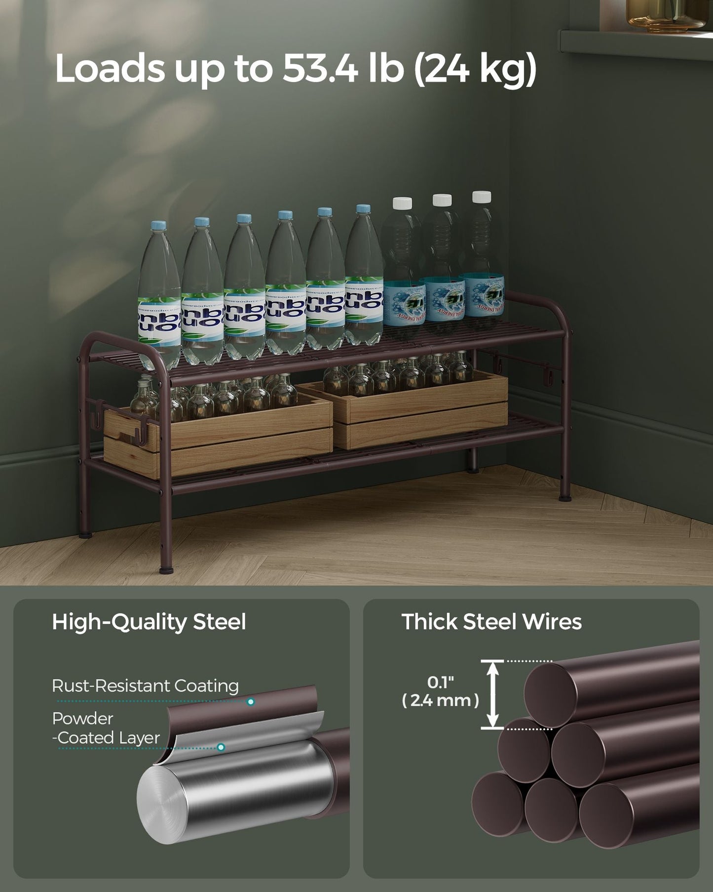 2-Tier Shoe Rack with 4 Side Hooks, Holds 10 Pairs of Shoes