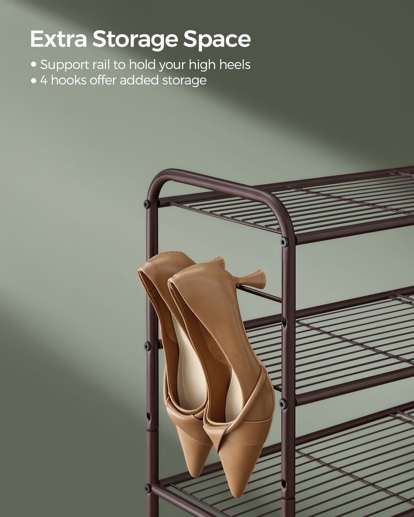 2-Tier Shoe Rack with 4 Side Hooks, Holds 10 Pairs of Shoes