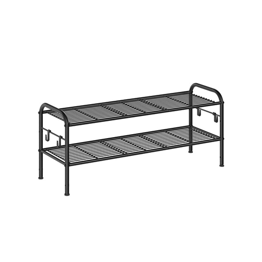 2-Tier Shoe Rack with 4 Side Hooks, Holds 10 Pairs of Shoes