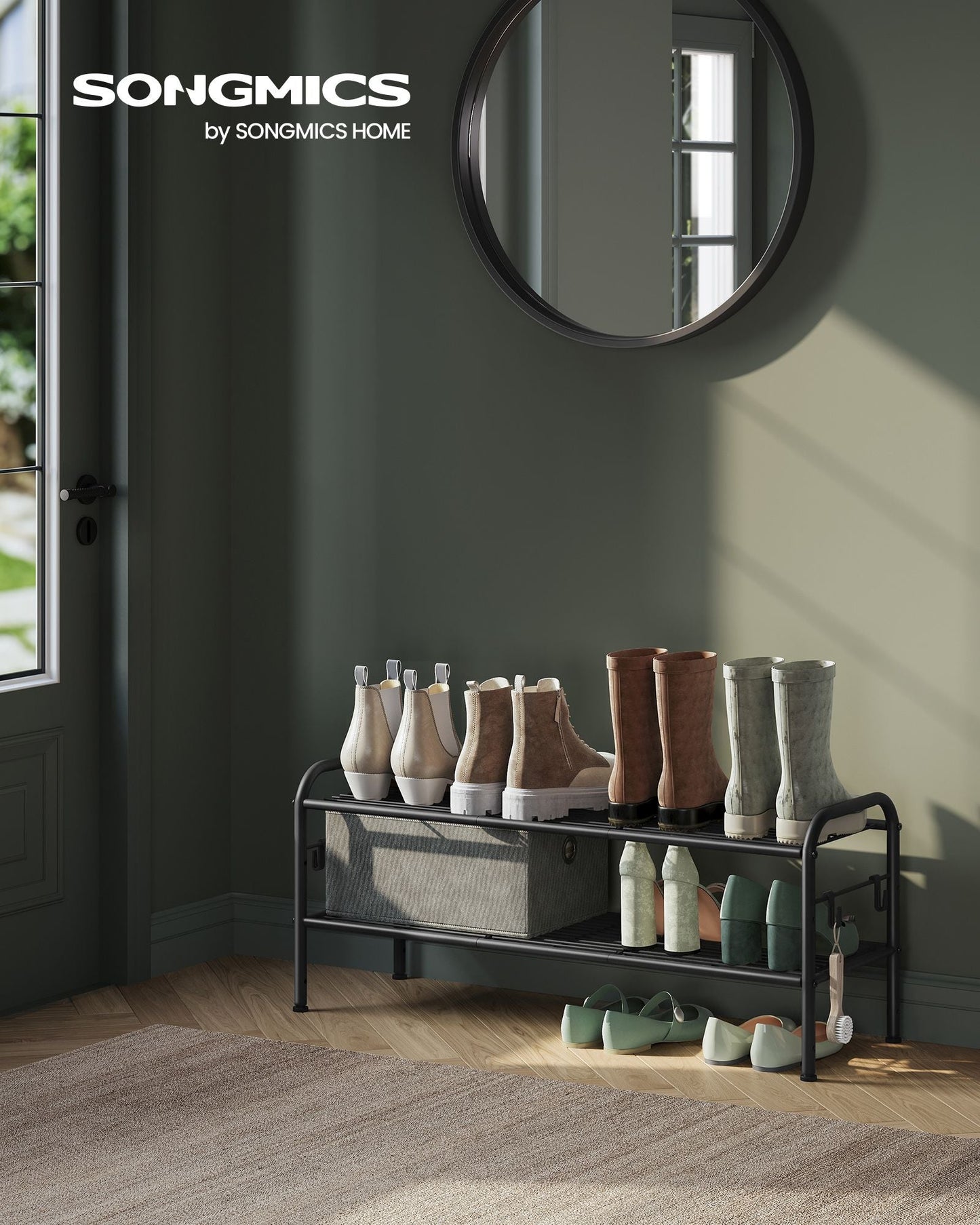 2-Tier Shoe Rack with 4 Side Hooks, Holds 10 Pairs of Shoes