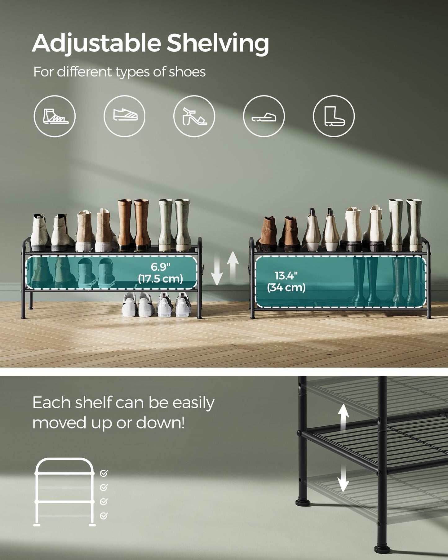 2-Tier Shoe Rack with 4 Side Hooks, Holds 10 Pairs of Shoes