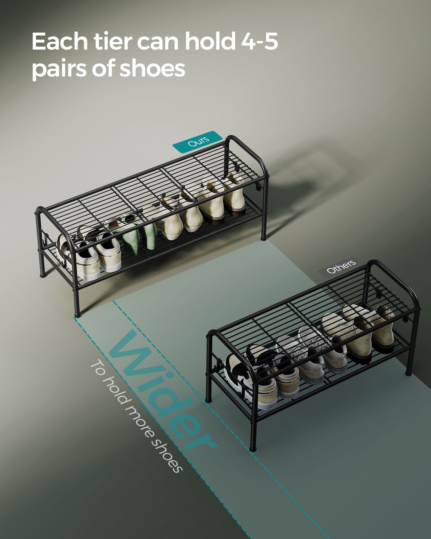 2-Tier Shoe Rack with 4 Side Hooks, Holds 10 Pairs of Shoes