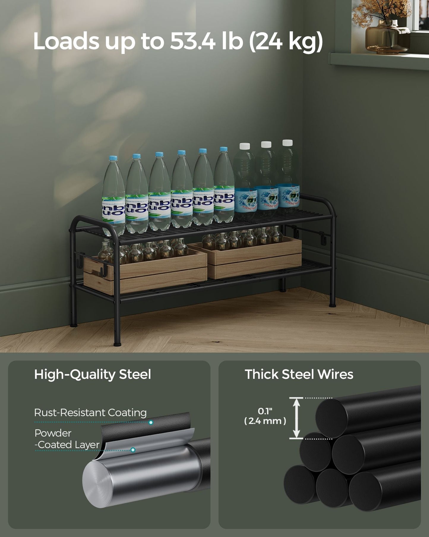 2-Tier Shoe Rack with 4 Side Hooks, Holds 10 Pairs of Shoes