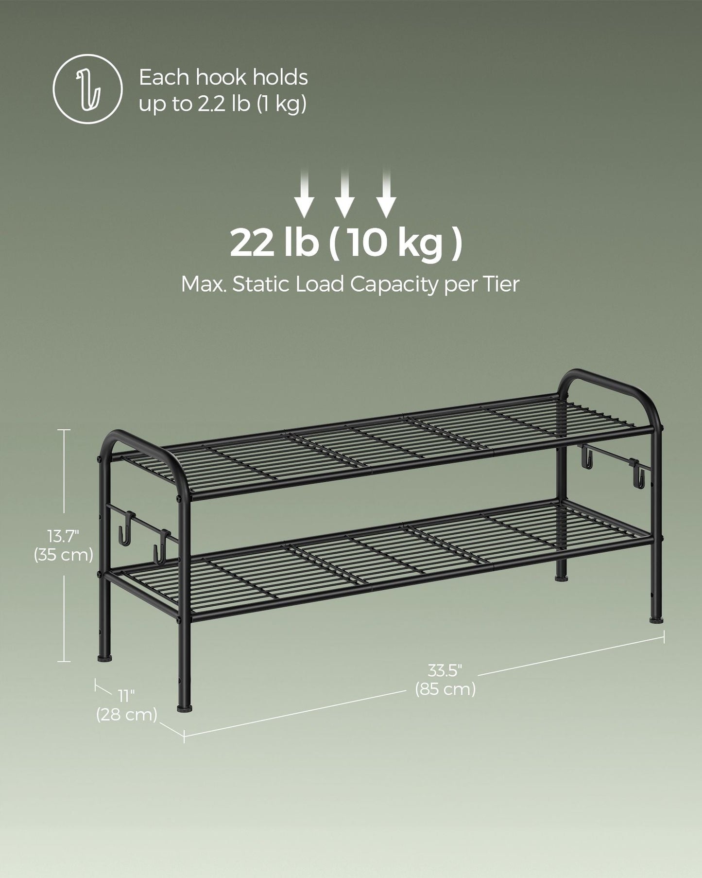 2-Tier Shoe Rack with 4 Side Hooks, Holds 10 Pairs of Shoes