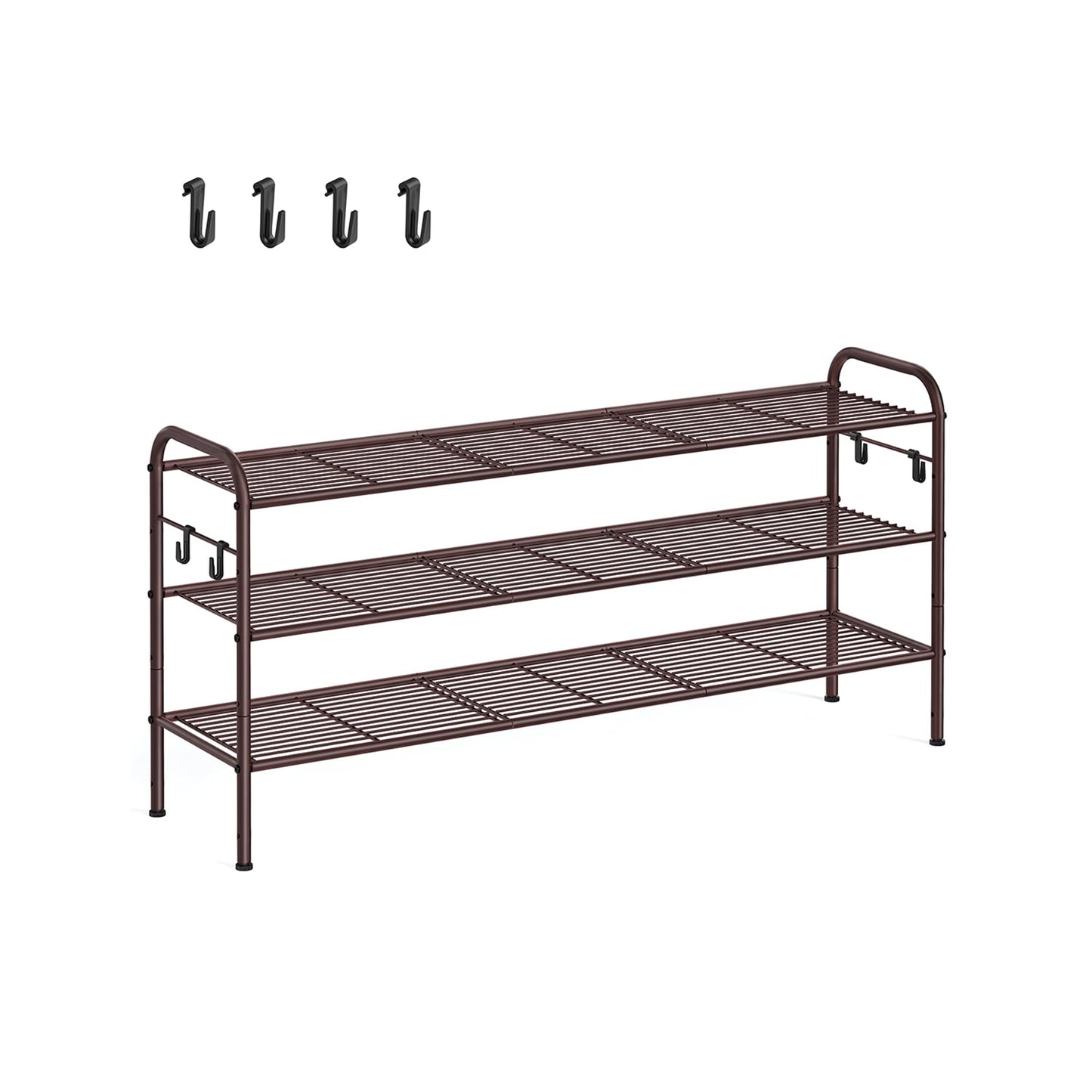 3-Tier Shoe Rack with 4 Side Hooks, Holds 18 Pairs of Shoes