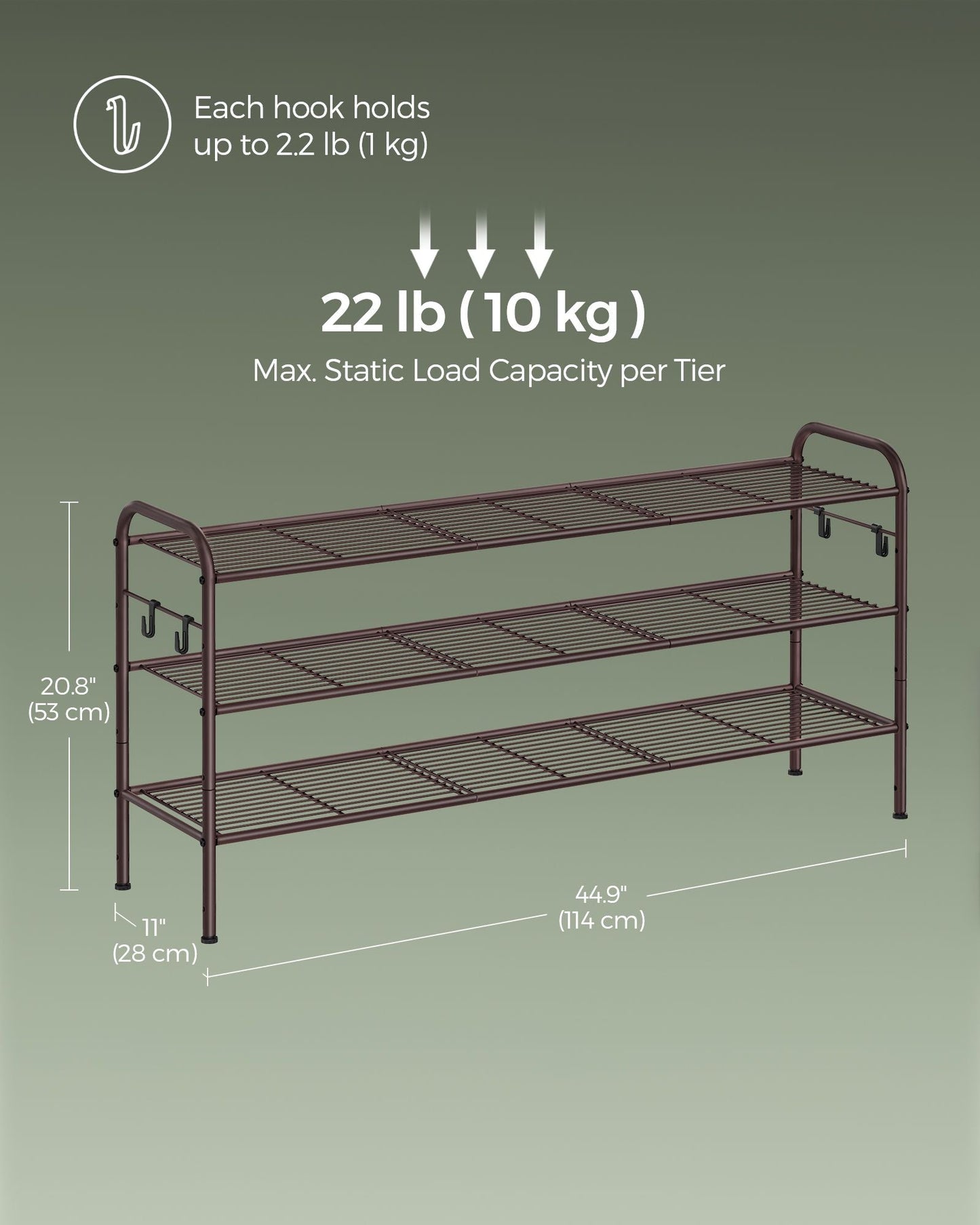 3-Tier Shoe Rack with 4 Side Hooks, Holds 18 Pairs of Shoes