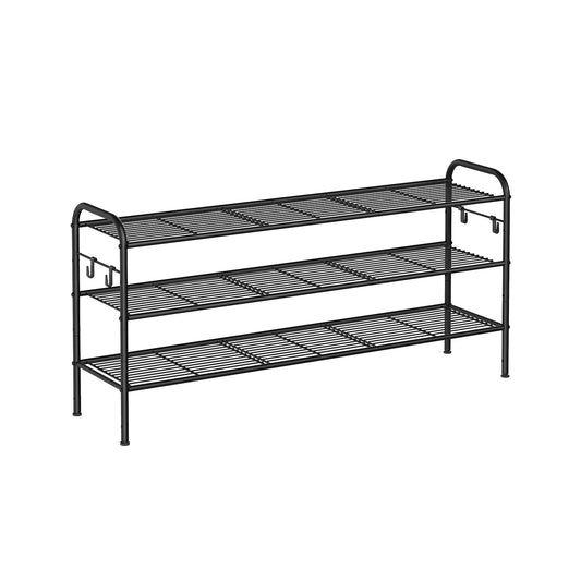 3-Tier Shoe Rack with 4 Side Hooks, Holds 18 Pairs of Shoes