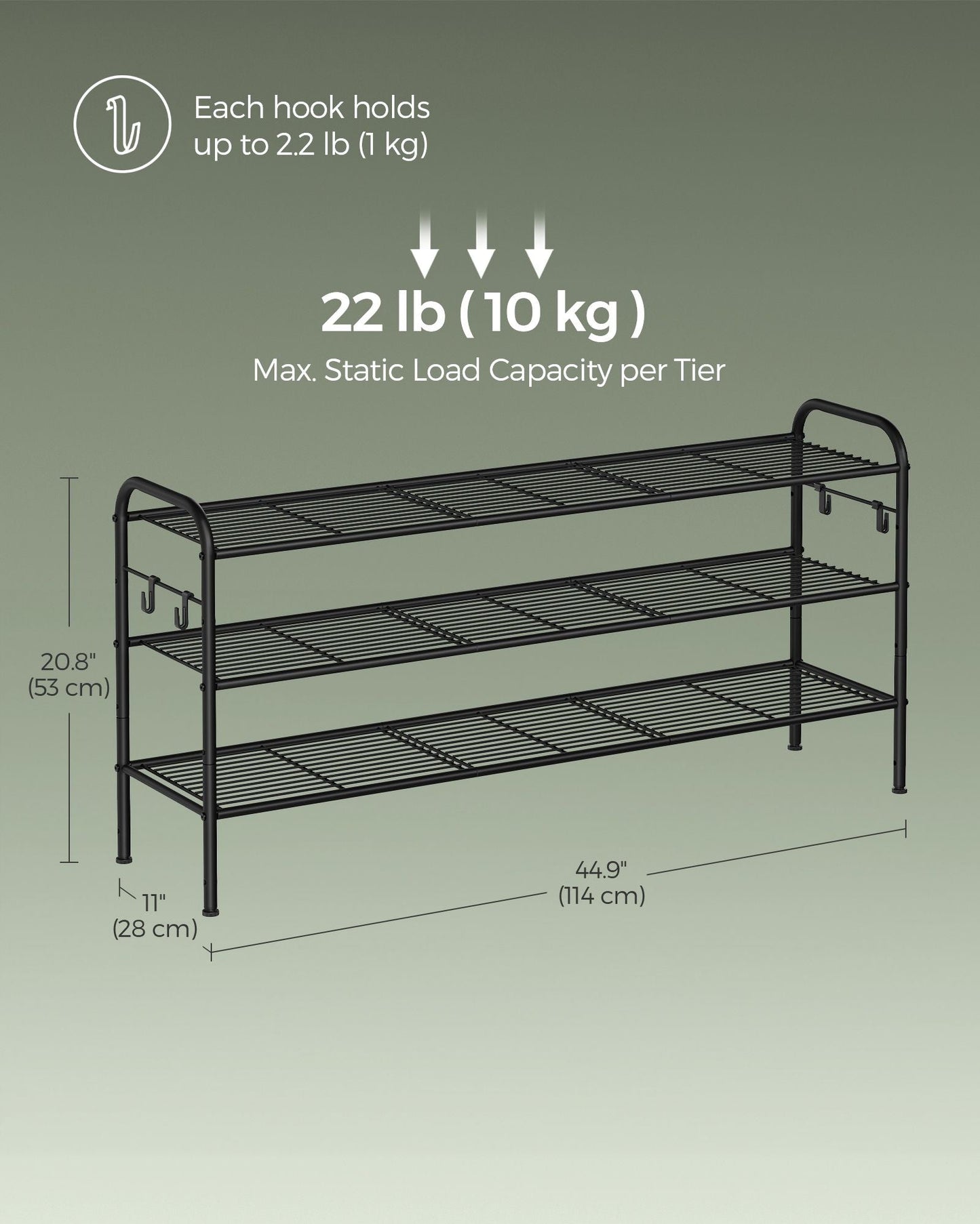 3-Tier Shoe Rack with 4 Side Hooks, Holds 18 Pairs of Shoes