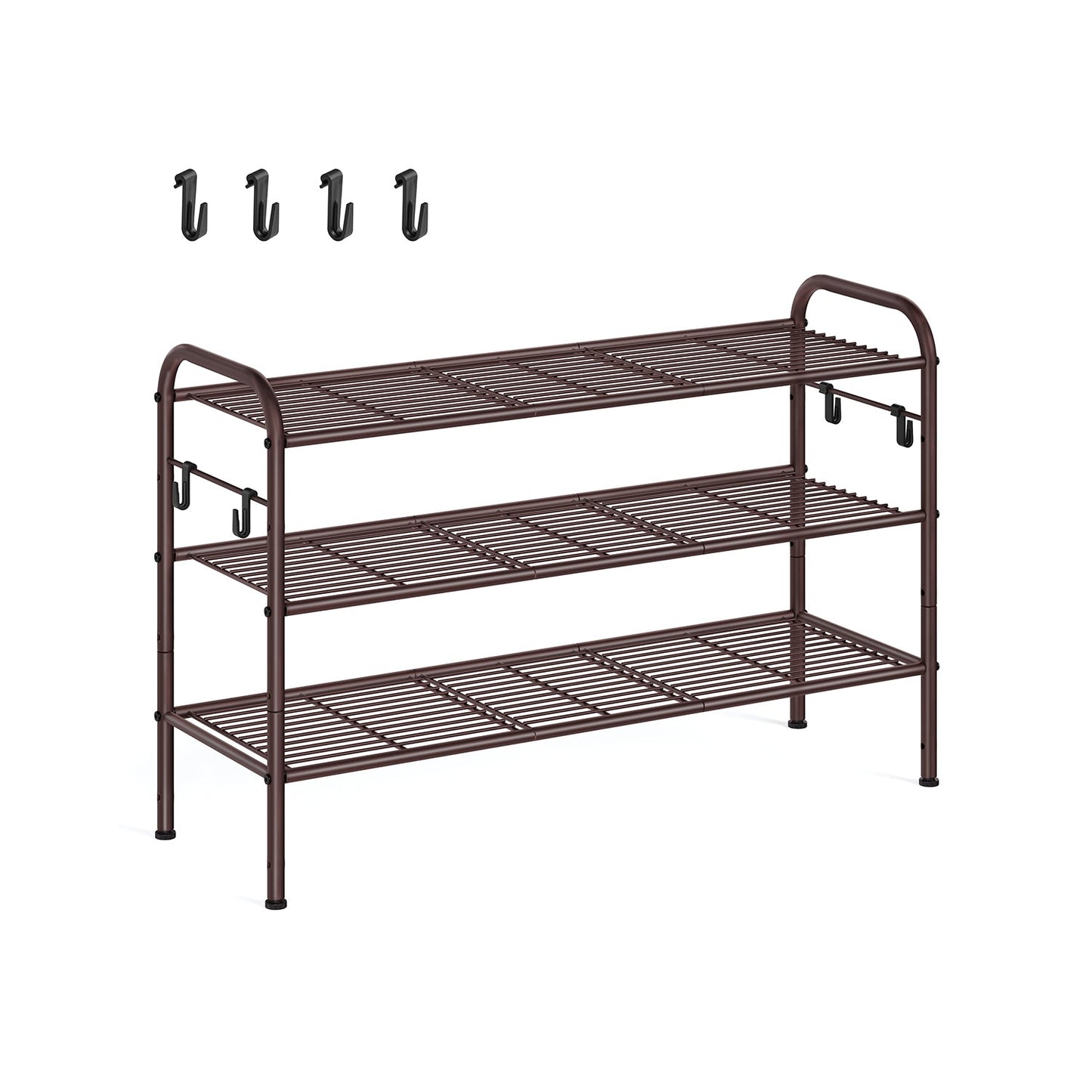 3-Tier Shoe Rack with 4 Side Hooks, Holds 15 Pairs of Shoes