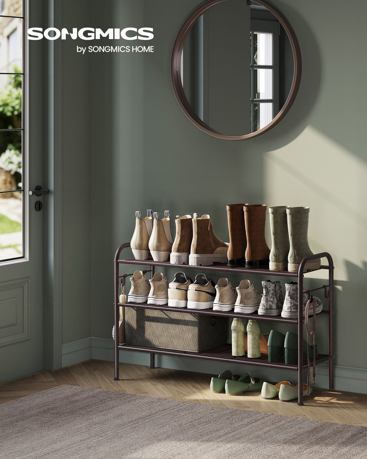 3-Tier Shoe Rack with 4 Side Hooks, Holds 15 Pairs of Shoes