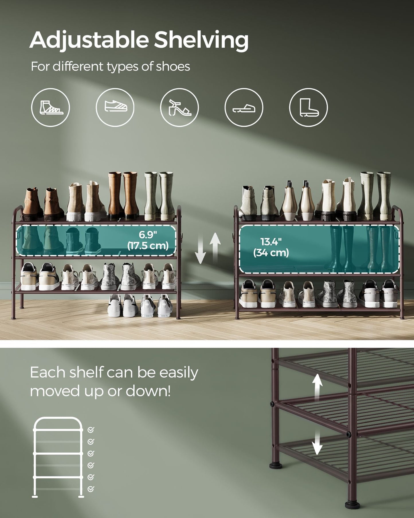 3-Tier Shoe Rack with 4 Side Hooks, Holds 15 Pairs of Shoes