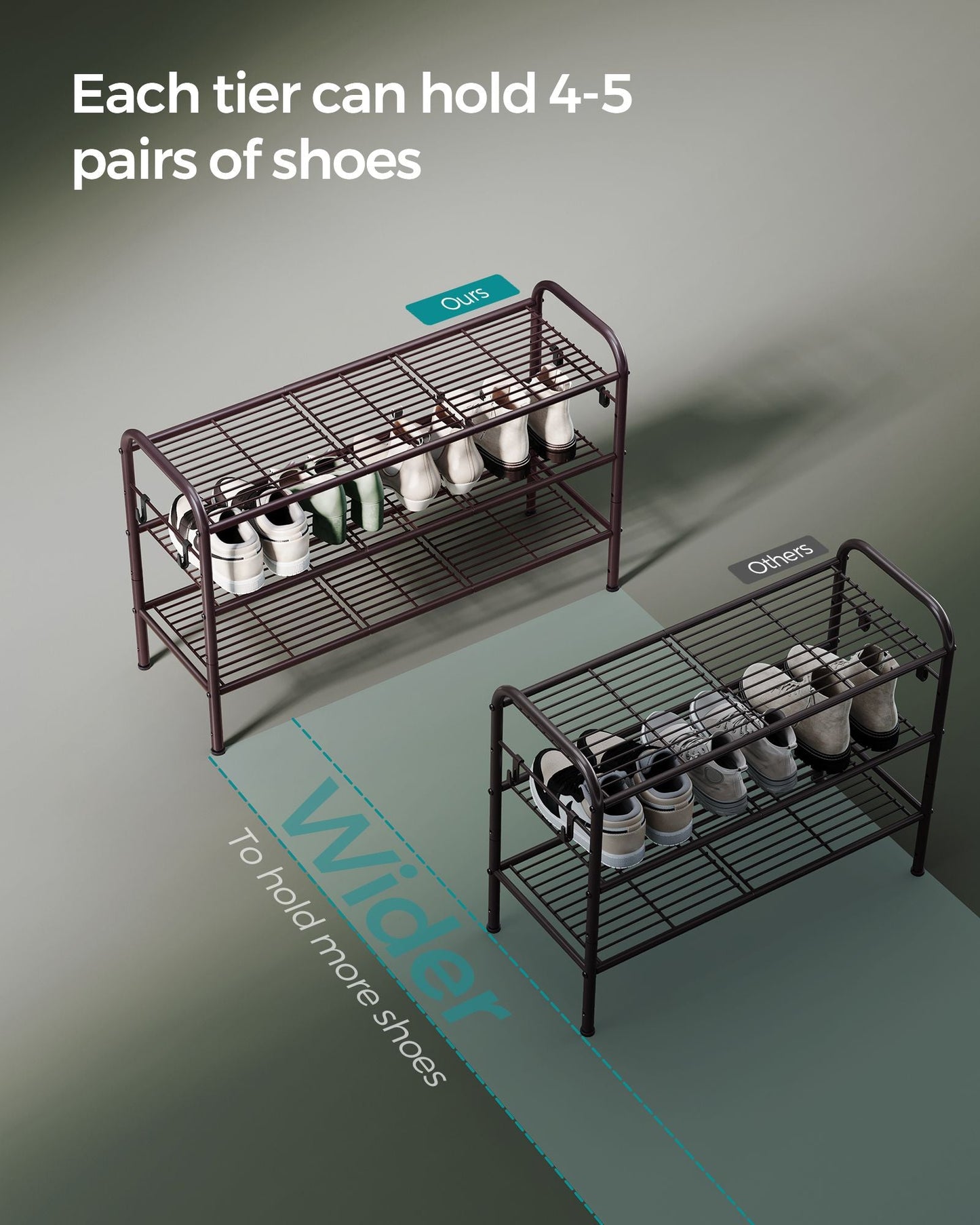 3-Tier Shoe Rack with 4 Side Hooks, Holds 15 Pairs of Shoes