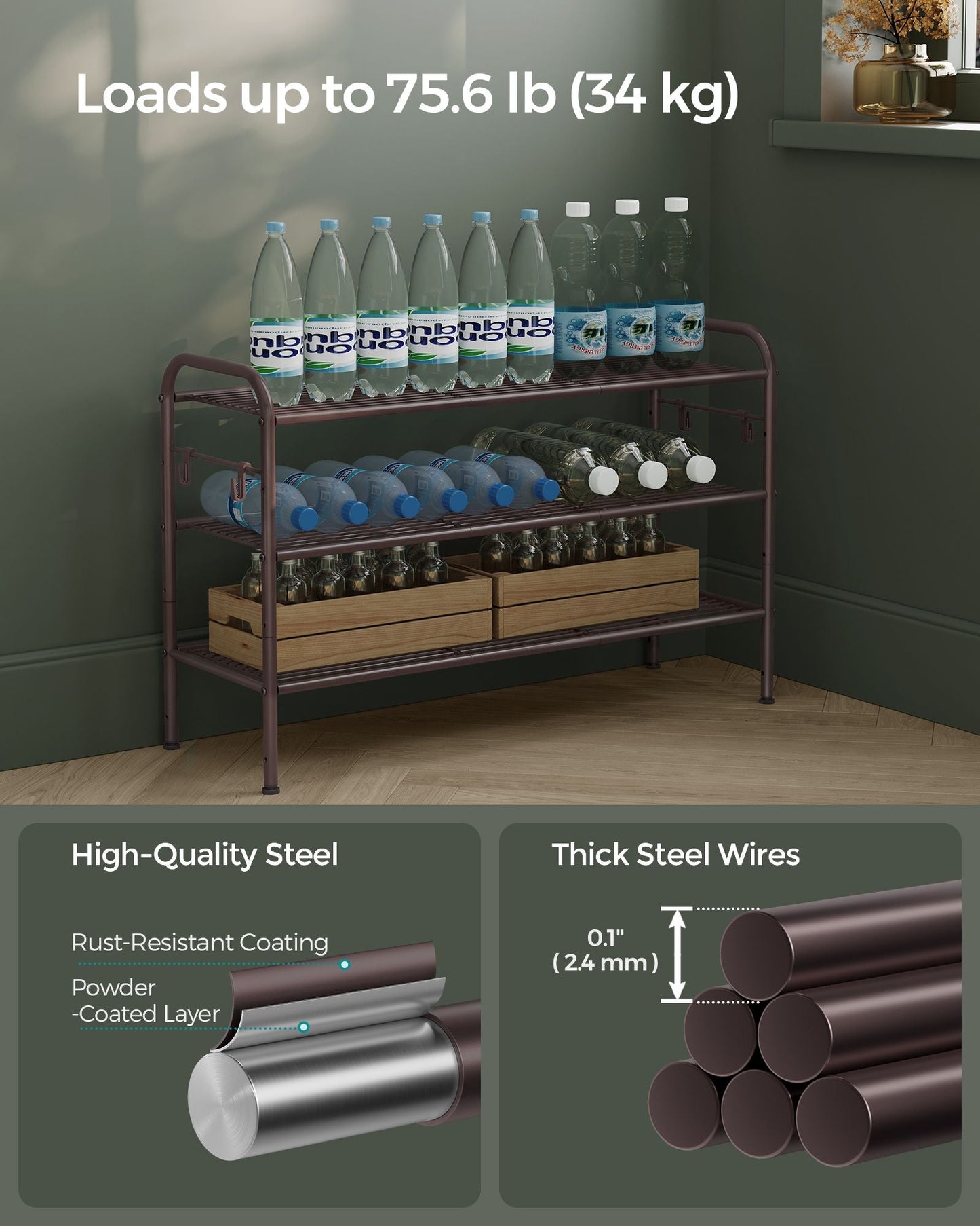3-Tier Shoe Rack with 4 Side Hooks, Holds 15 Pairs of Shoes