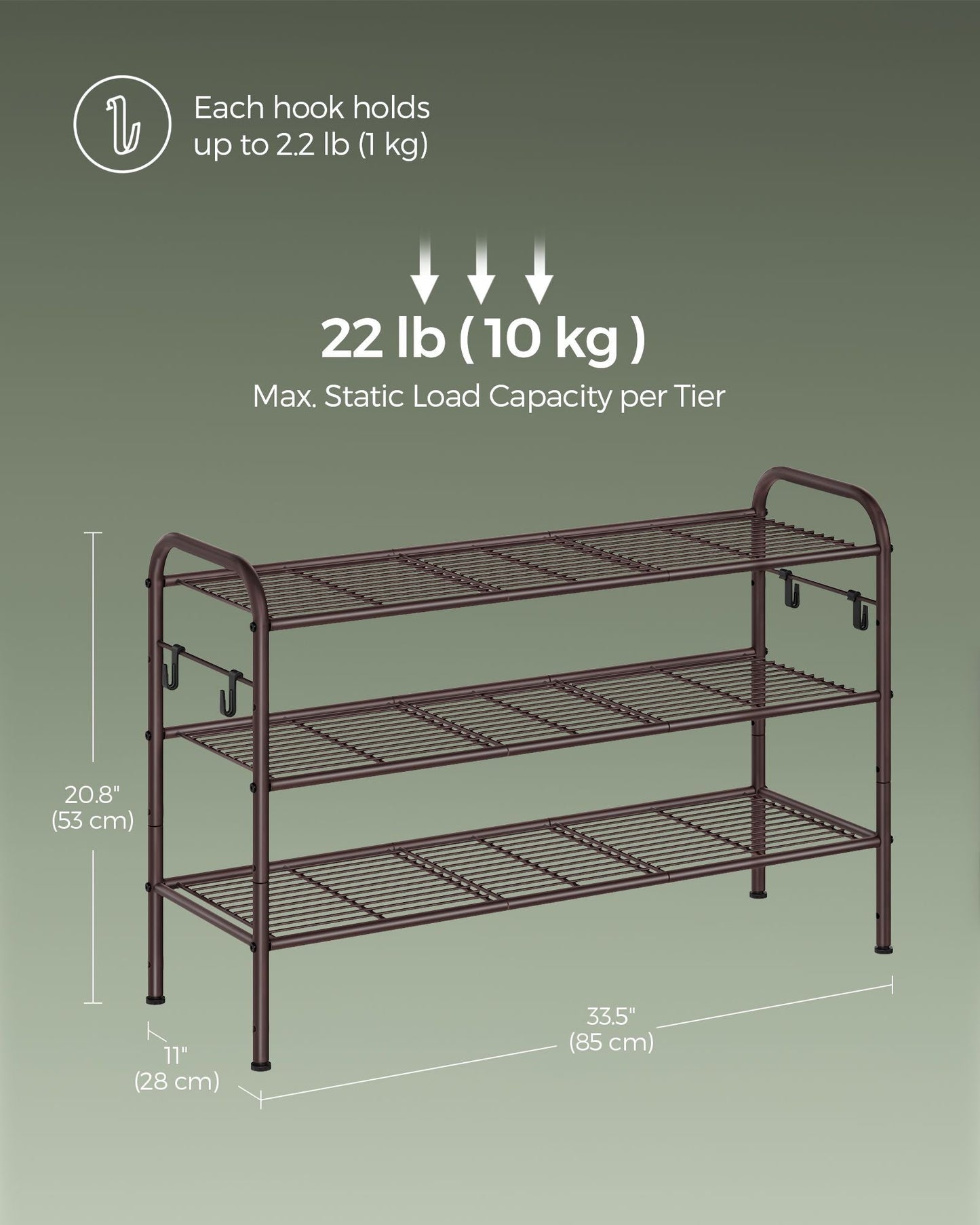 3-Tier Shoe Rack with 4 Side Hooks, Holds 15 Pairs of Shoes