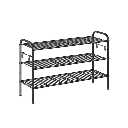 3-Tier Shoe Rack with 4 Side Hooks, Holds 15 Pairs of Shoes