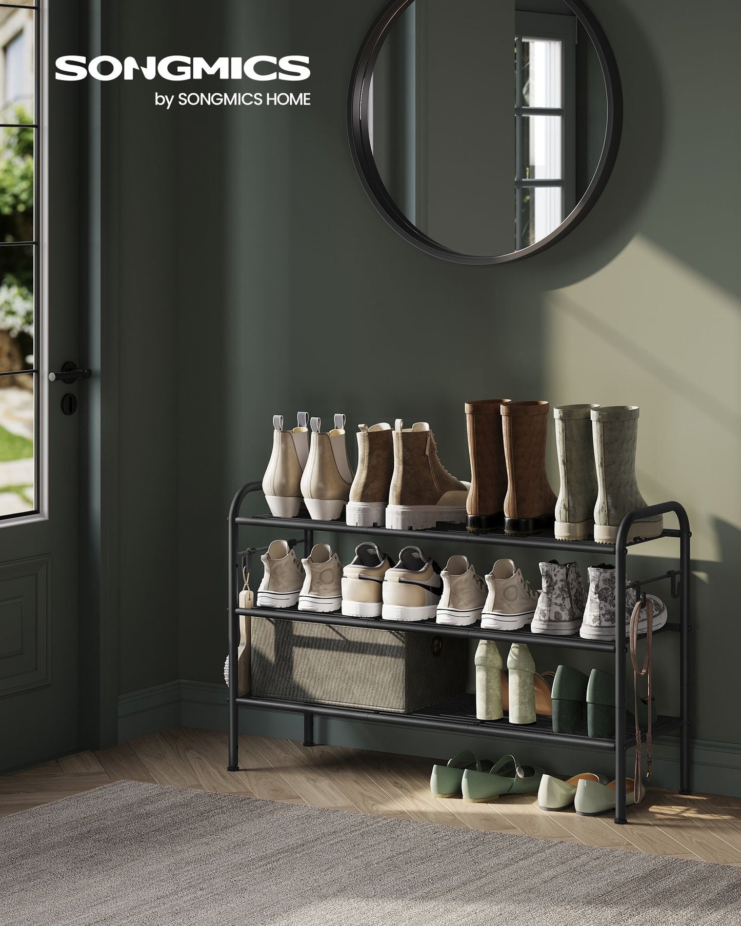 3-Tier Shoe Rack with 4 Side Hooks, Holds 15 Pairs of Shoes