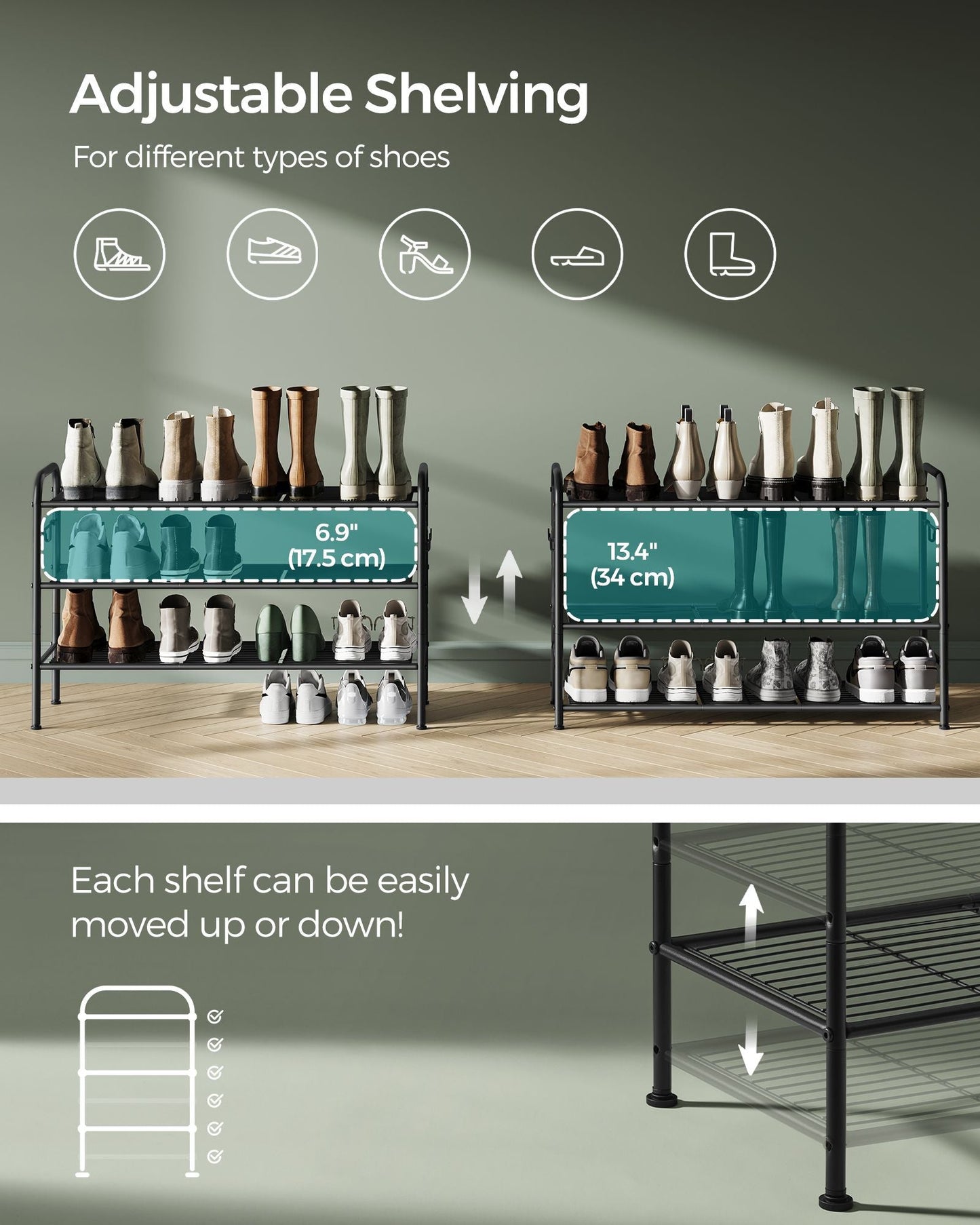 3-Tier Shoe Rack with 4 Side Hooks, Holds 15 Pairs of Shoes