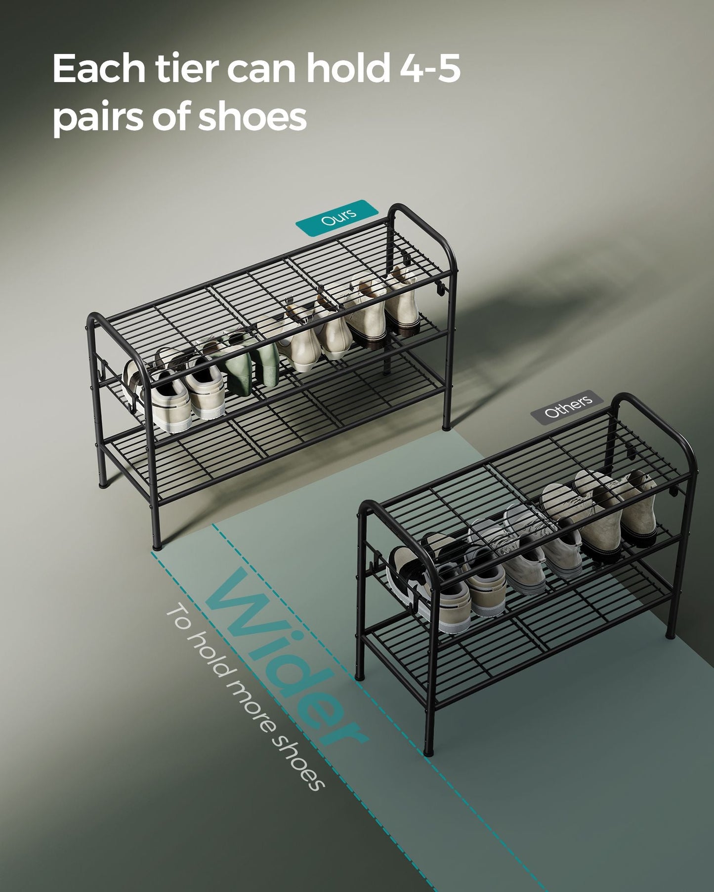 3-Tier Shoe Rack with 4 Side Hooks, Holds 15 Pairs of Shoes