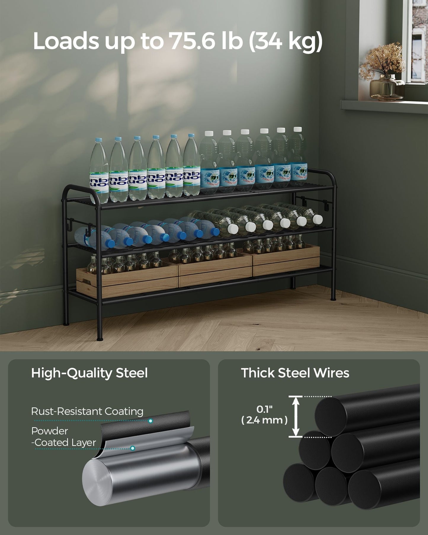 3-Tier Shoe Rack with 4 Side Hooks, Holds 15 Pairs of Shoes