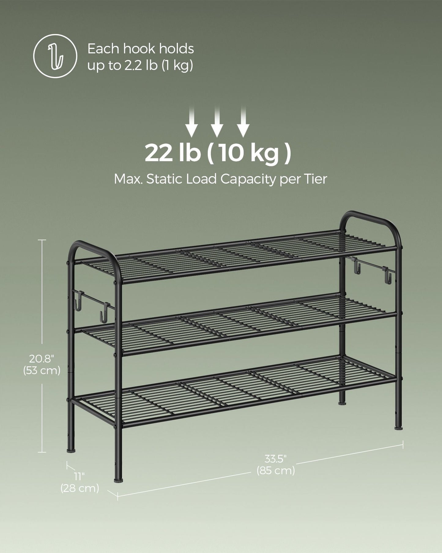3-Tier Shoe Rack with 4 Side Hooks, Holds 15 Pairs of Shoes