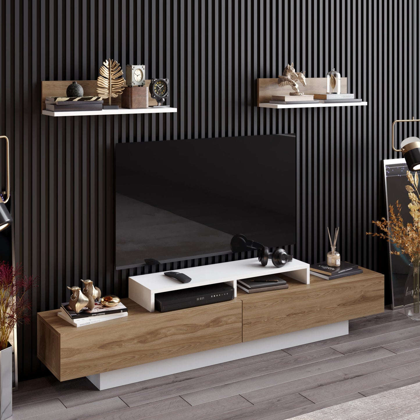 Lusi 71" Wide TV Stand for TVs up to 80" with 2 Wall Shelves