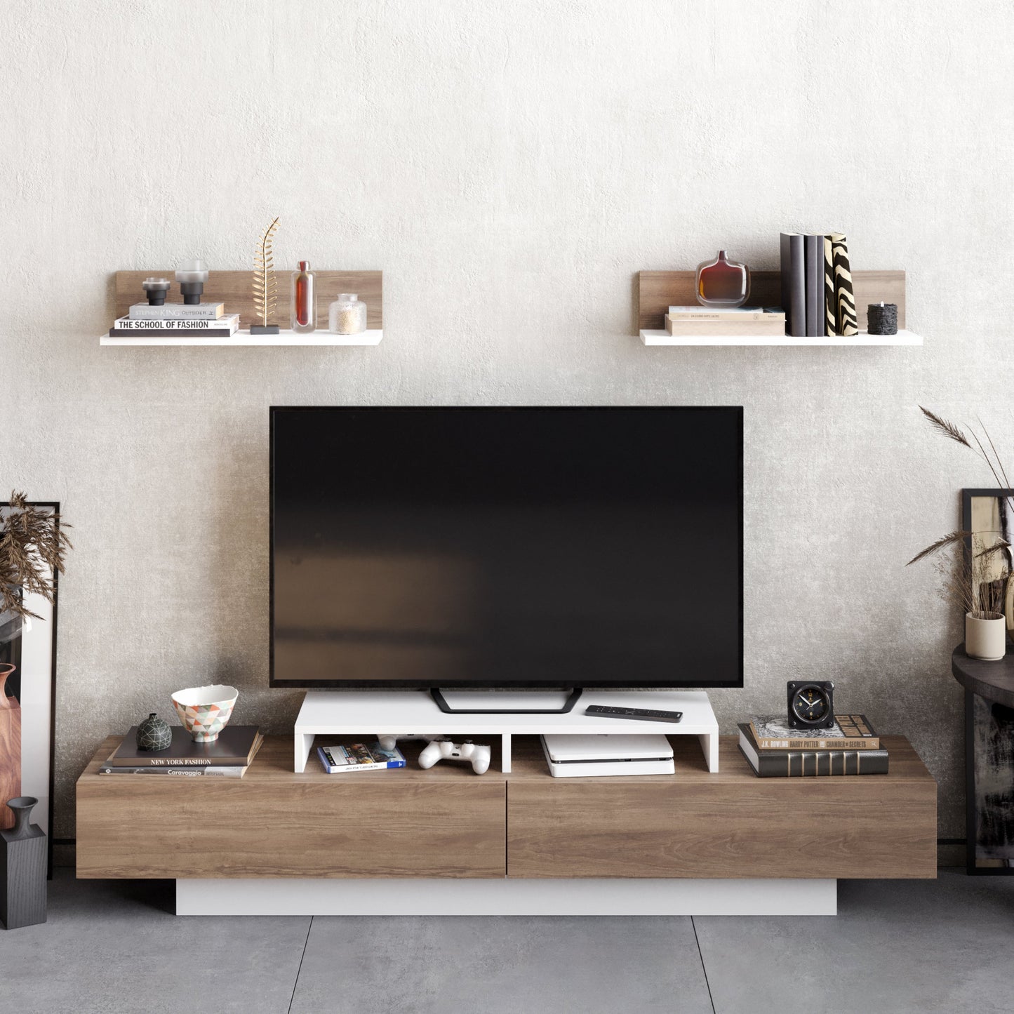 Lusi 71" Wide TV Stand for TVs up to 80" with 2 Wall Shelves