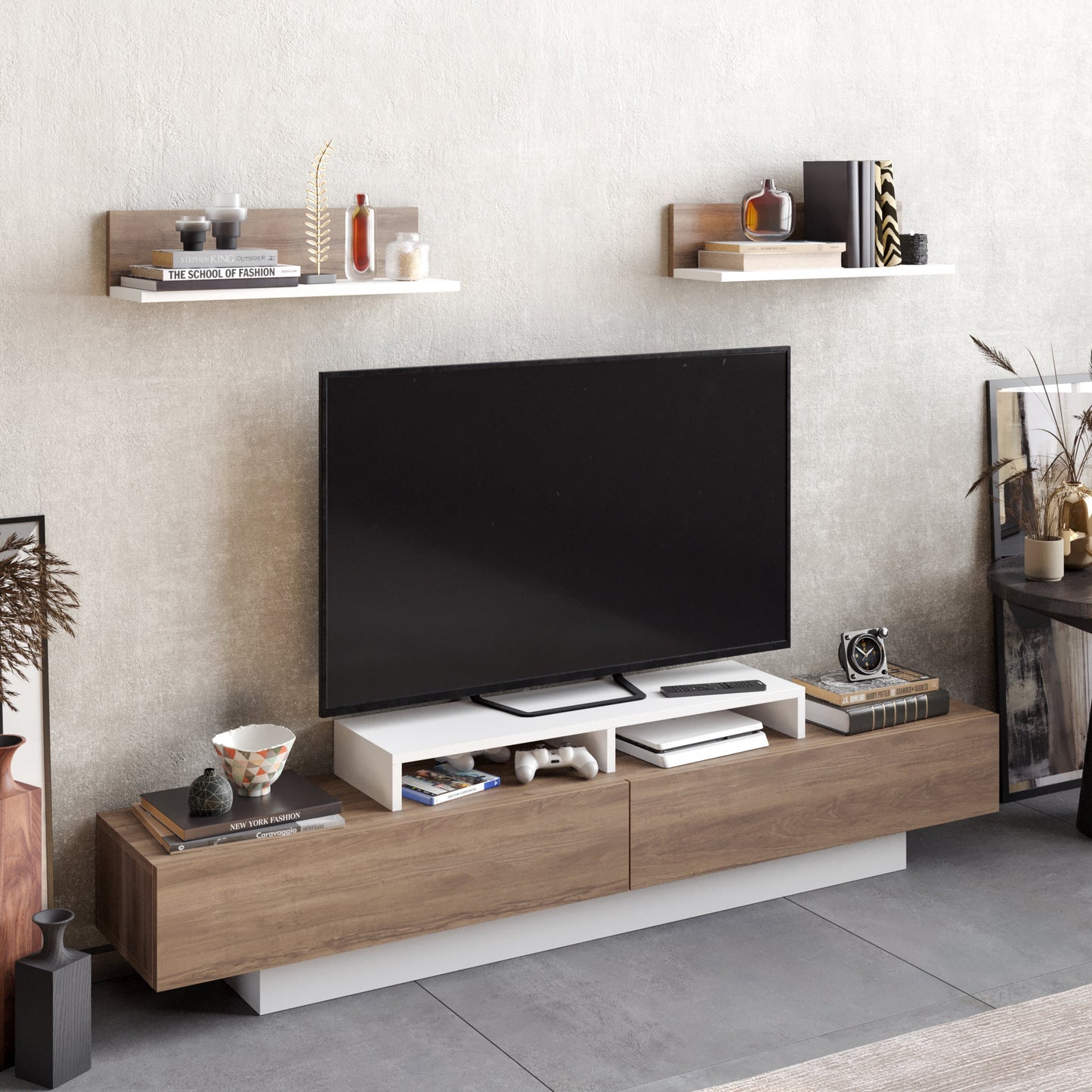 Lusi 71" Wide TV Stand for TVs up to 80" with 2 Wall Shelves