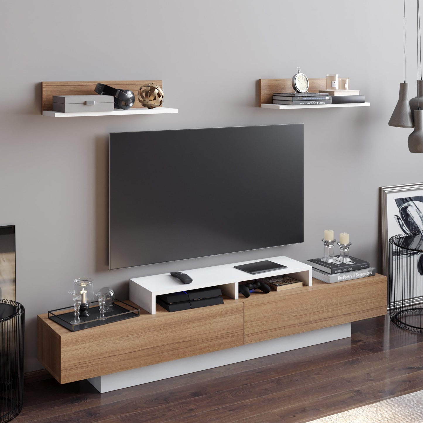 Lusi 71" Wide TV Stand for TVs up to 80" with 2 Wall Shelves