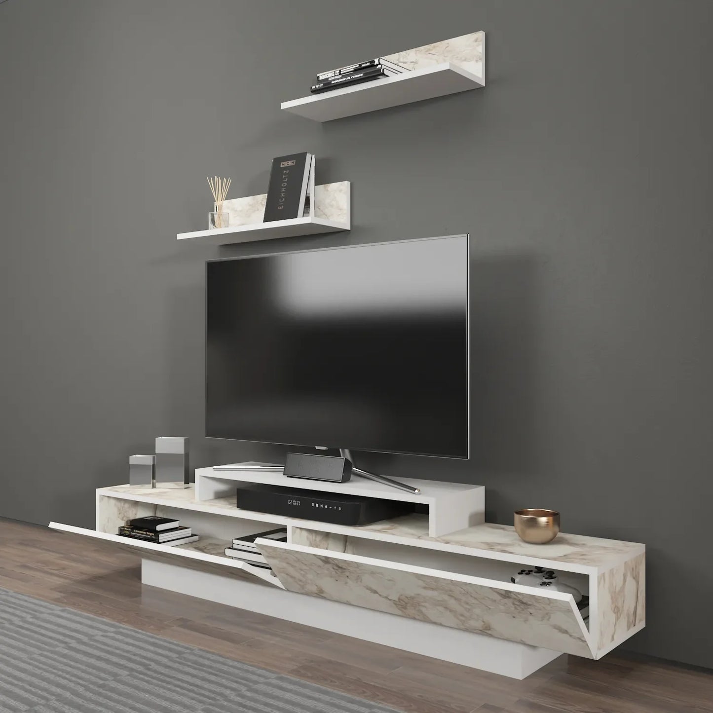 Lusi 71" Wide TV Stand for TVs up to 80" with 2 Wall Shelves