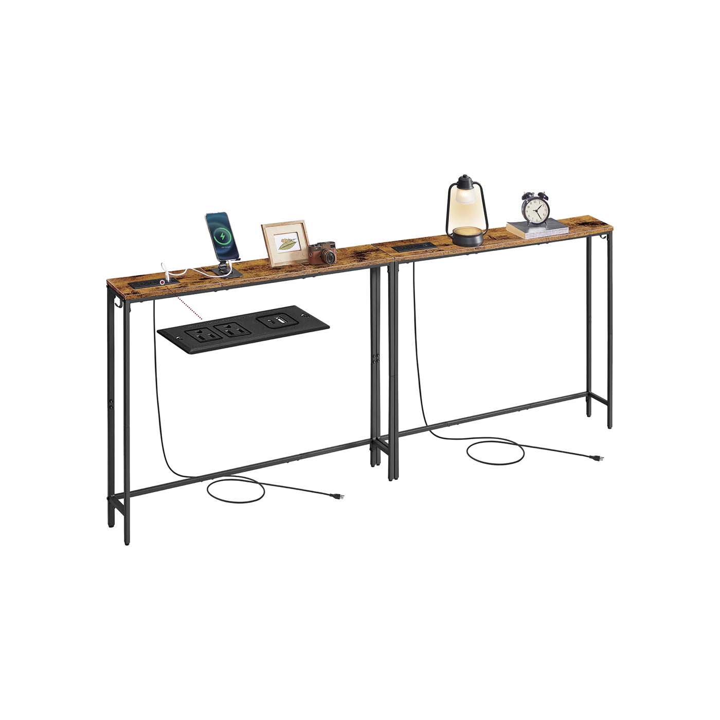 Set of 2 Console Tables with Power Outlets, Slim Behind Couch Sofa Tables