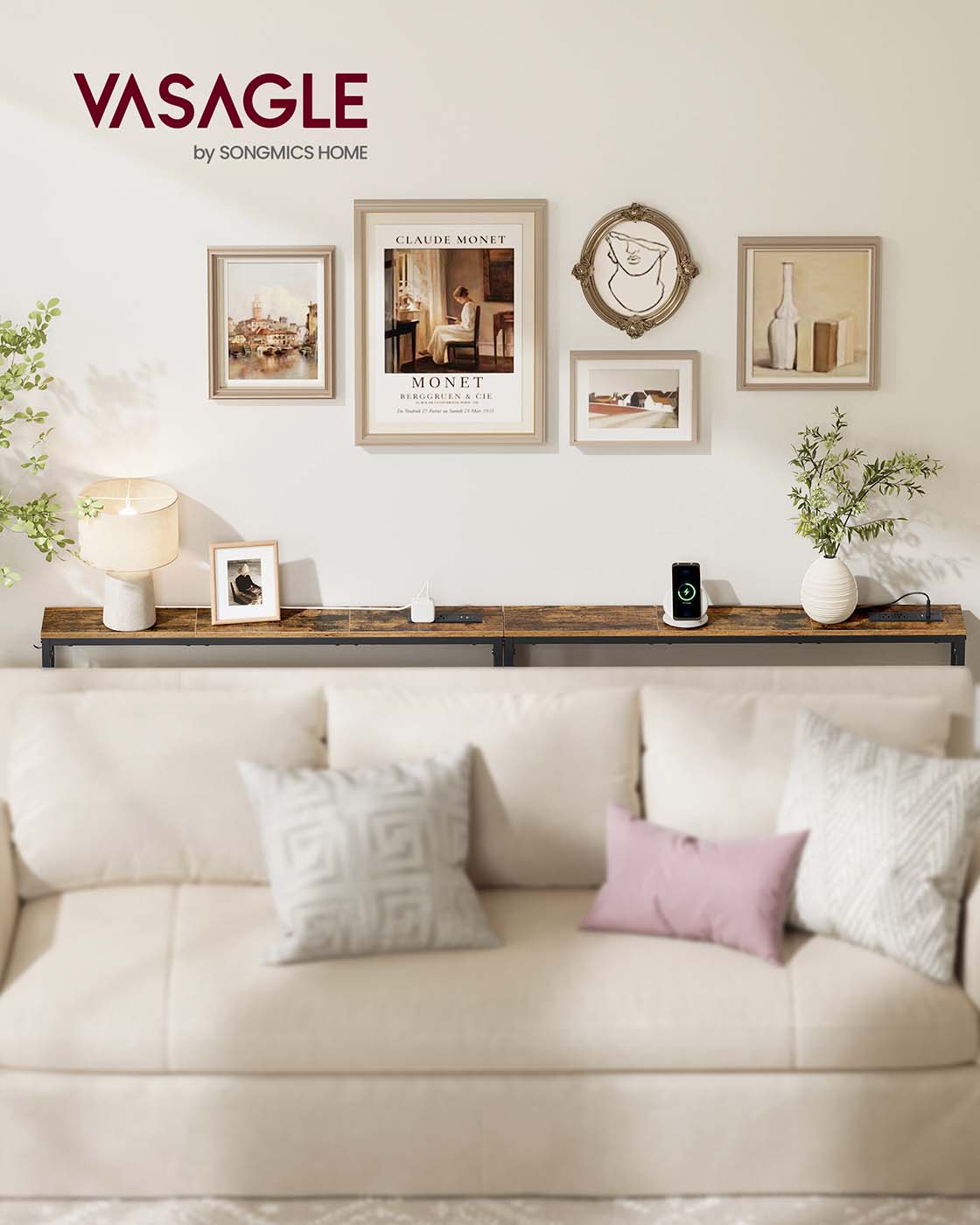 Set of 2 Console Tables with Power Outlets, Slim Behind Couch Sofa Tables