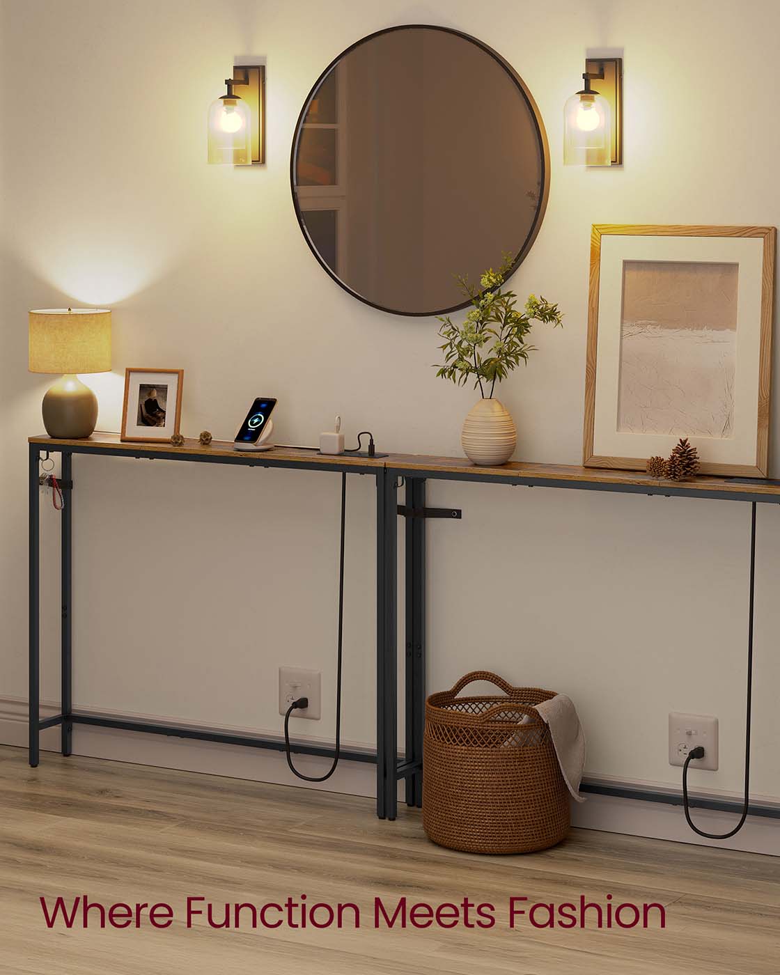 Set of 2 Console Tables with Power Outlets, Slim Behind Couch Sofa Tables