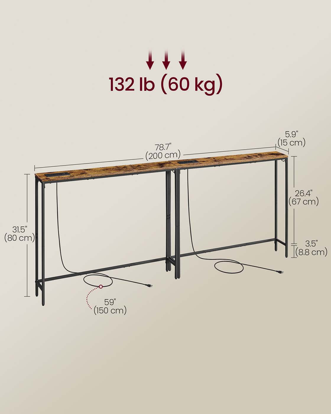 Set of 2 Console Tables with Power Outlets, Slim Behind Couch Sofa Tables