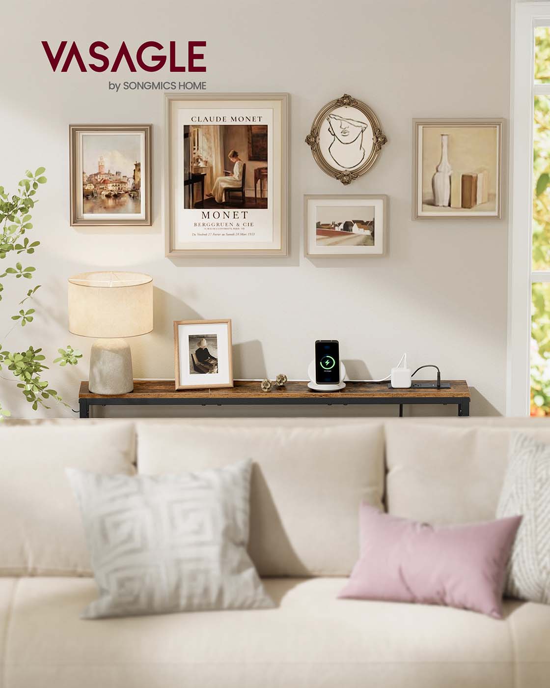 Slim console table with power outlet and hook