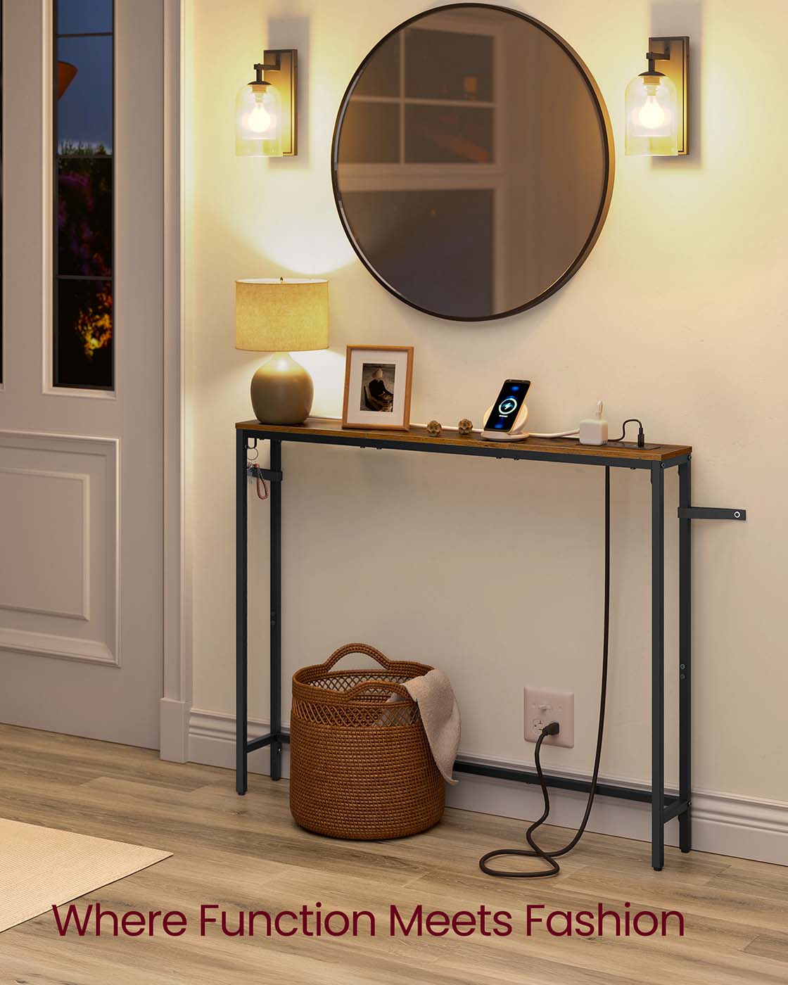 Slim console table with power outlet and hook