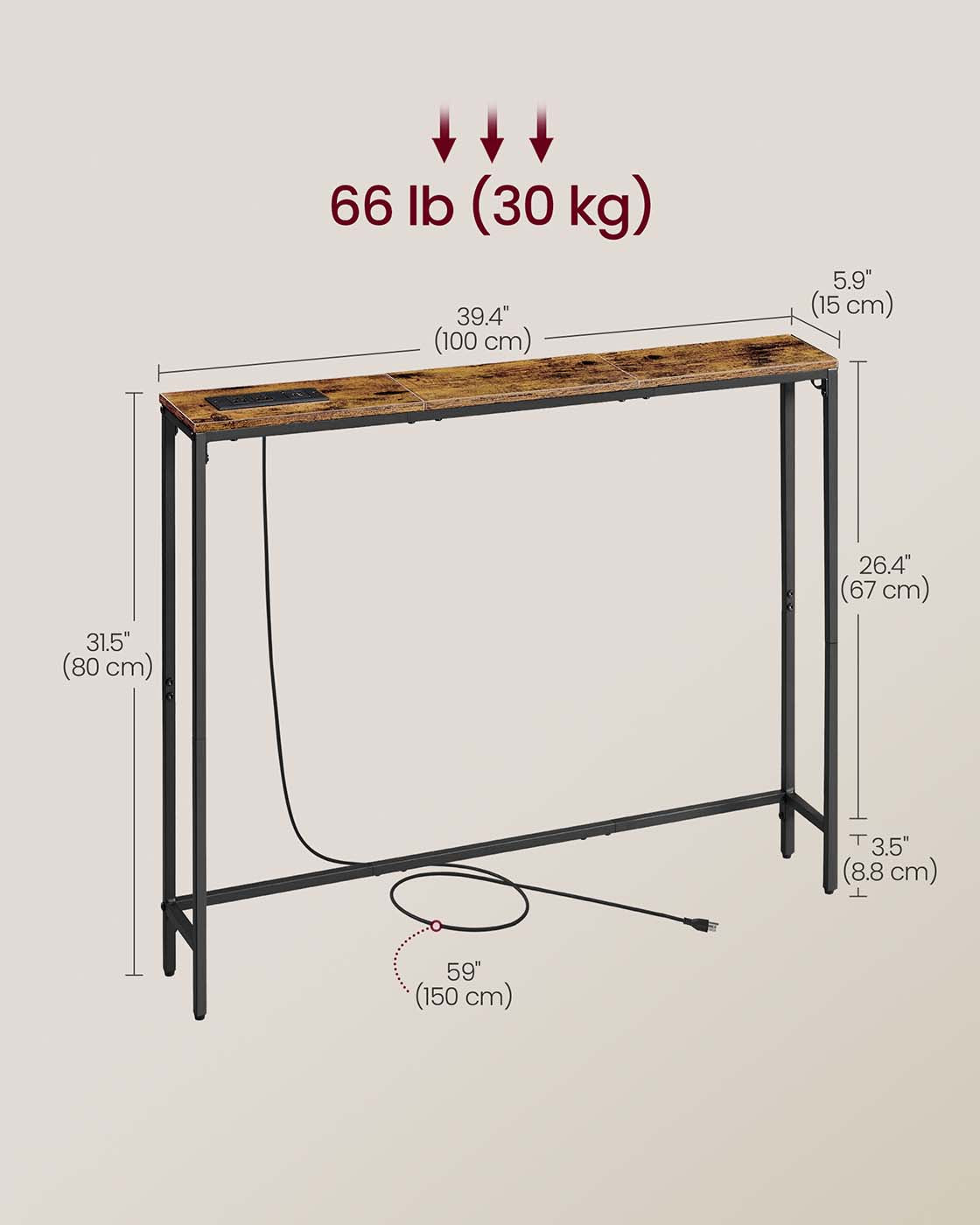 Slim console table with power outlet and hook