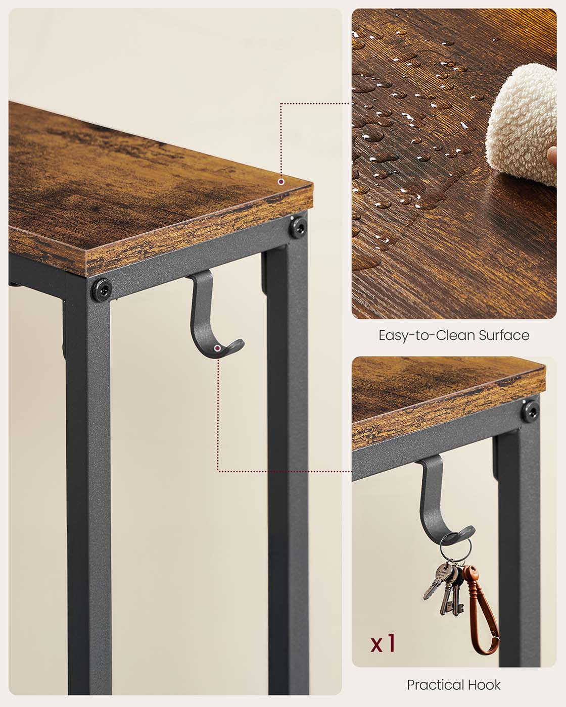 Slim console table with power outlet and hook