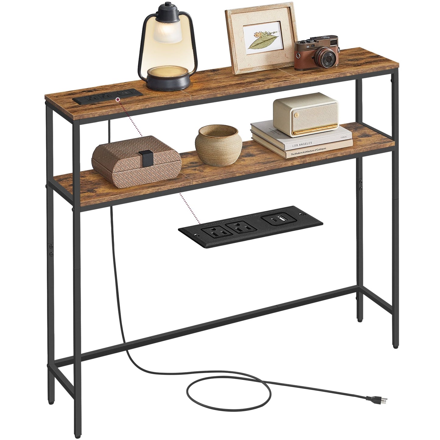 Console Table with Power Outlet, 2-Tier Narrow Sofa Table with 2 Shelves