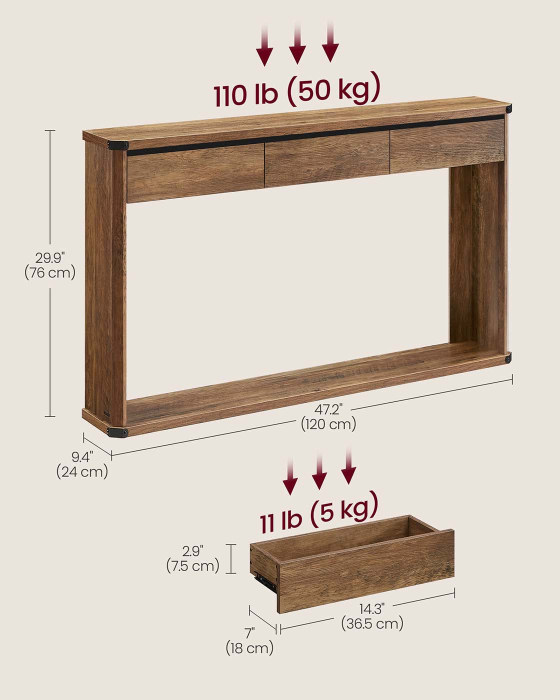 Narrow console table with drawers and bottom shelf