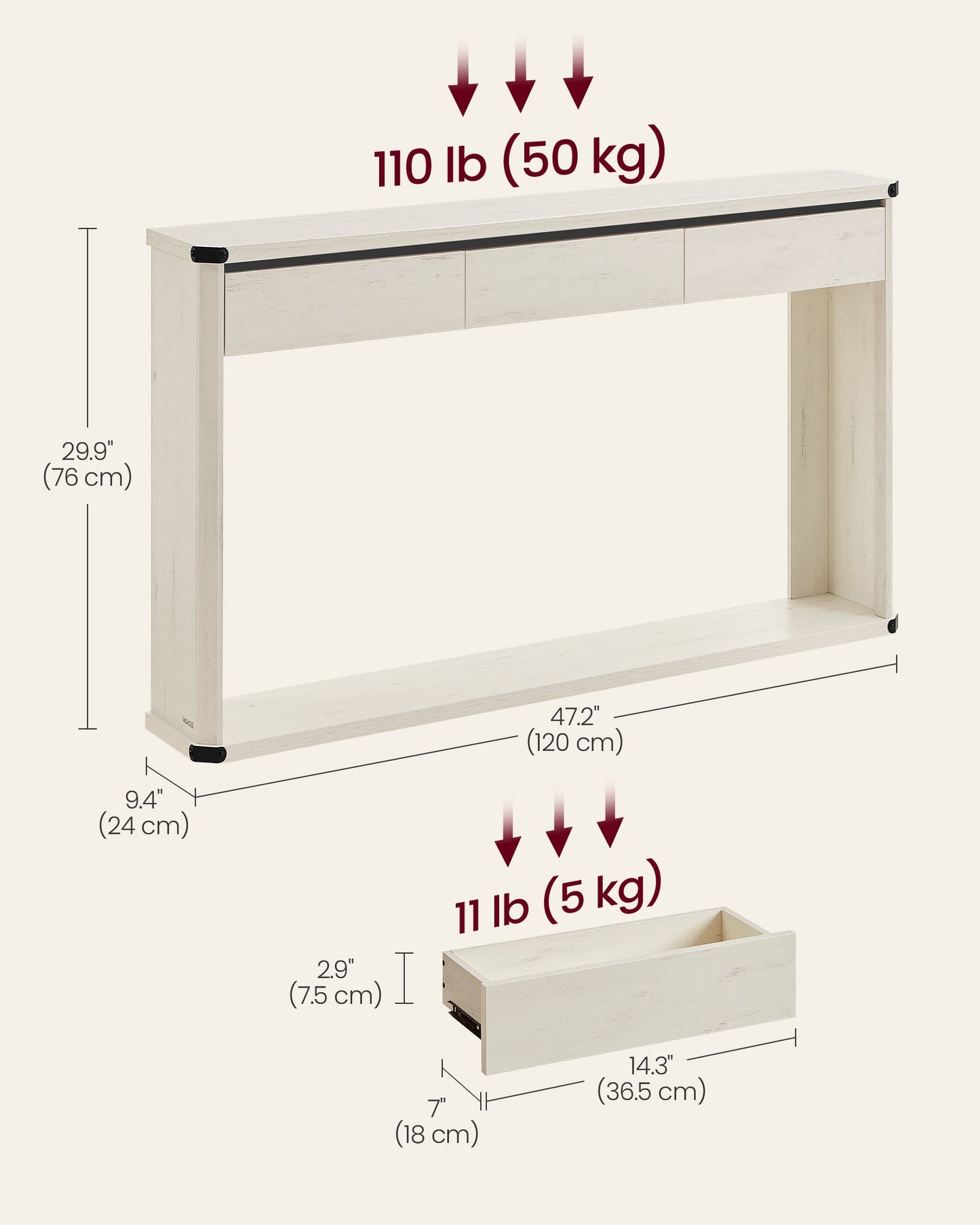 47.2 Inches Console Table with 3 Drawers