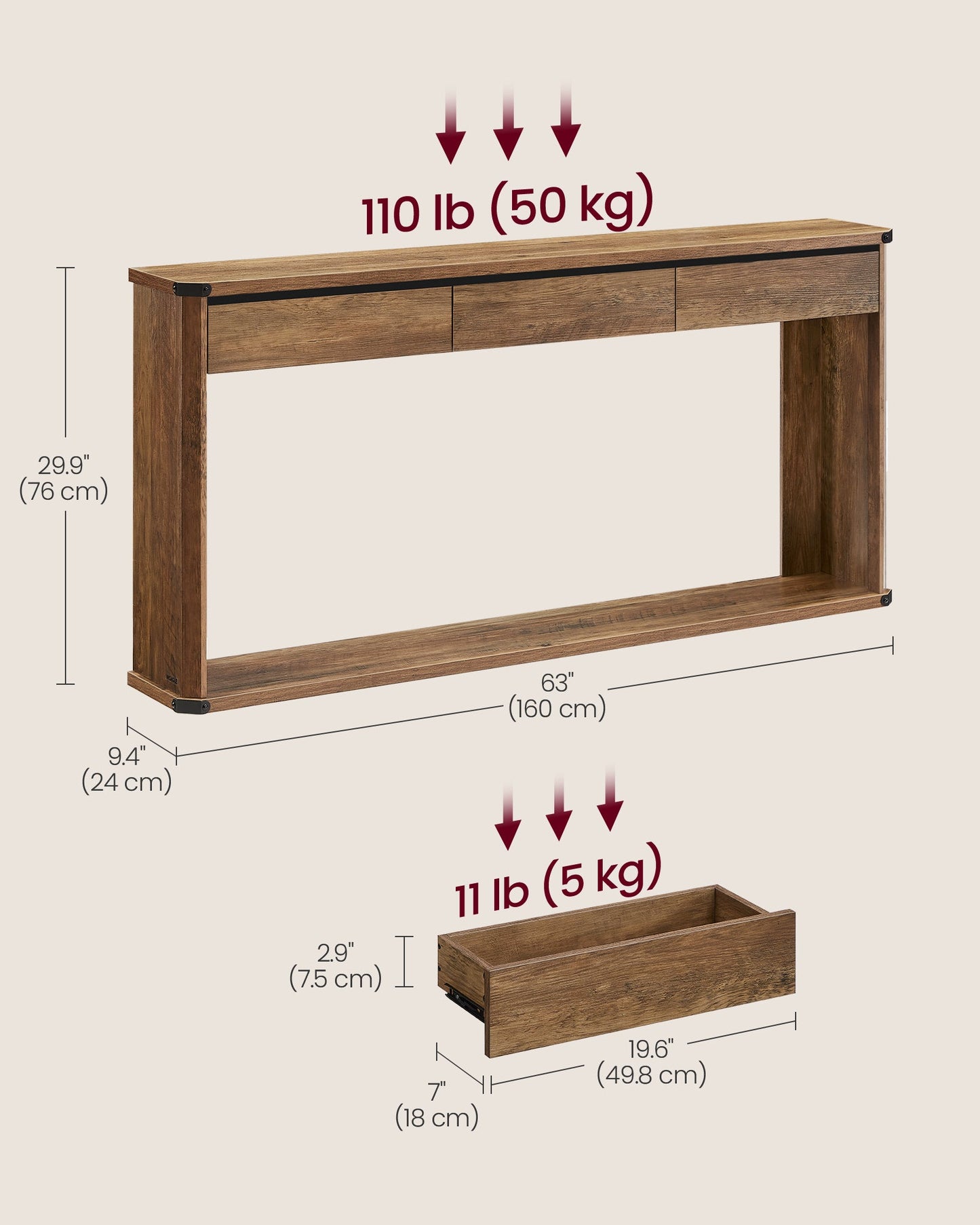 63 Inches Console Table with 3 Drawers