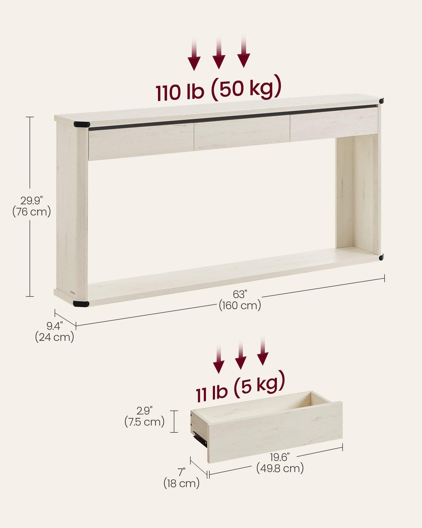 63 Inches Console Table with 3 Drawers