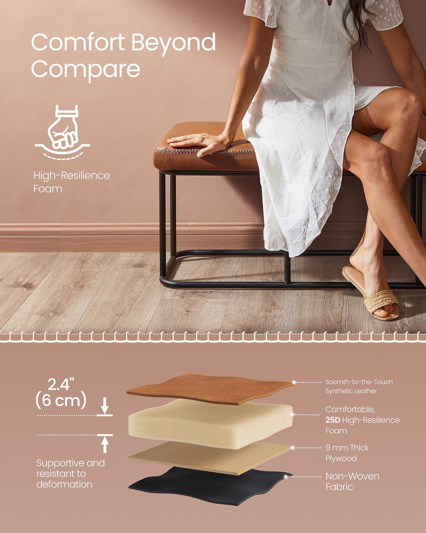 EKHO Collection - Bench for Entryway Bedroom, Caramel Brown